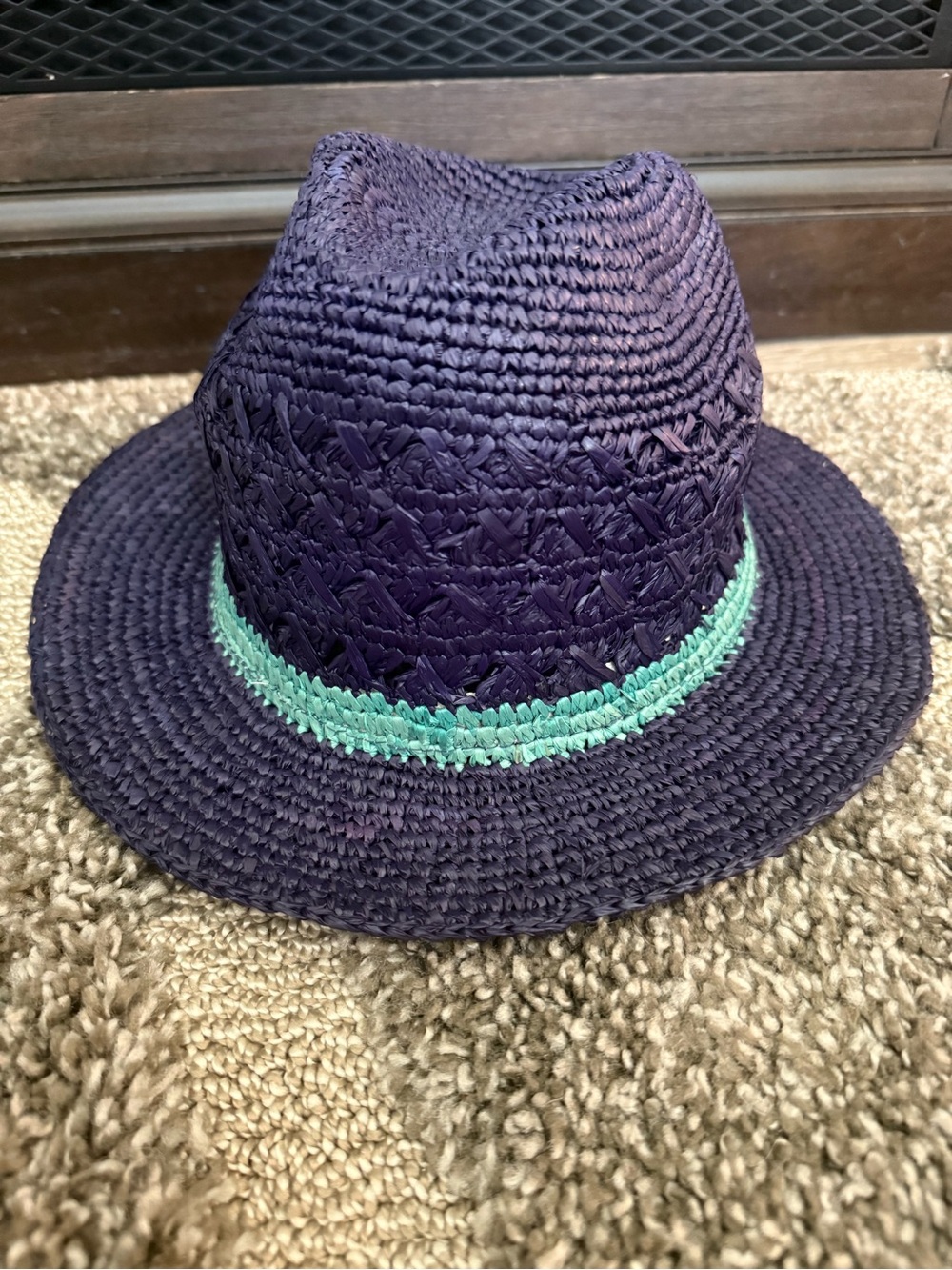 Mar Y Sol Avery Navy Woven Raffia Crocheted Fedora Hat OS